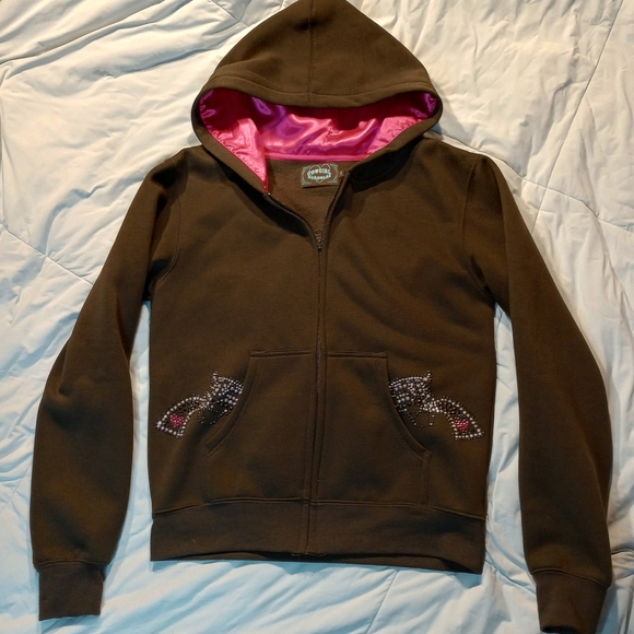 Cowgirl Hardware Brown Hoodie Pink Satin Hood Pistol Pockets Longhorn Skull - Picture 1 of 7